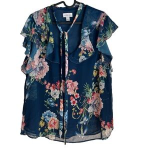 2/$15 Sweet Pea flutter sleeveless blouse top navy blue with pink floral sheer